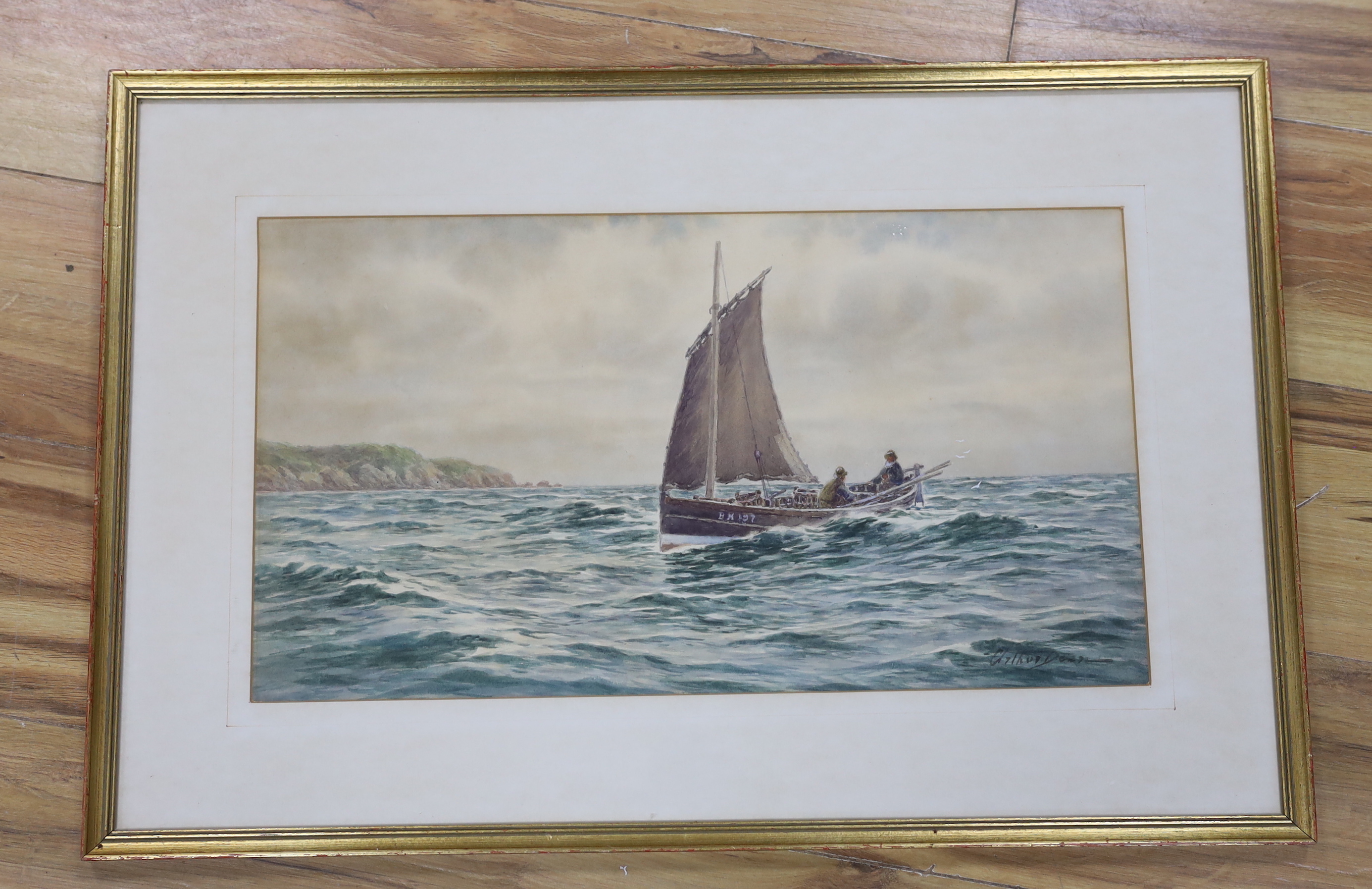 Arthur Dean (Exh. 1899), watercolour, Fishing boat off the coast, signed, 28 x 51cm